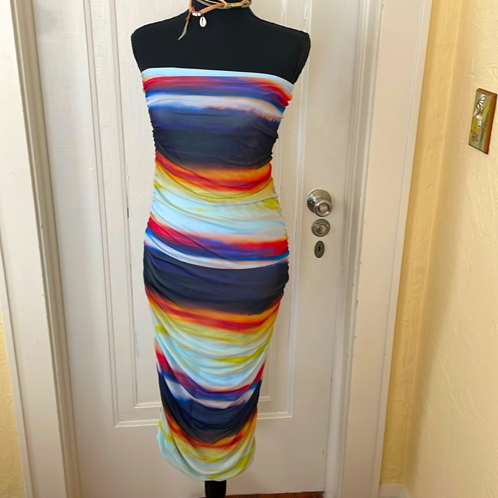 Caution To The Wind Multicolor Strapless Midi Dress